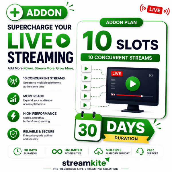 10-slots-addon-30-days Video Streaming Service – 10 Concurrent Streams Add-on (Monthly)