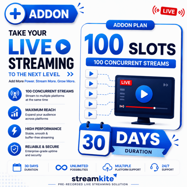 100-slots-addon-30-days Video Streaming Service – 100 Concurrent Streams Add-on (Monthly)