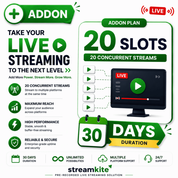 20-slots-addon-30-days Video Streaming Service – 20 Concurrent Streams Add-on (Monthly)